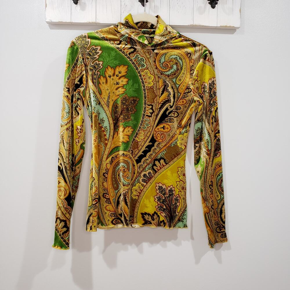 Bogner Velvet Paisley Mock Neck Top Green Gold Stretch Long Sleeve Size S